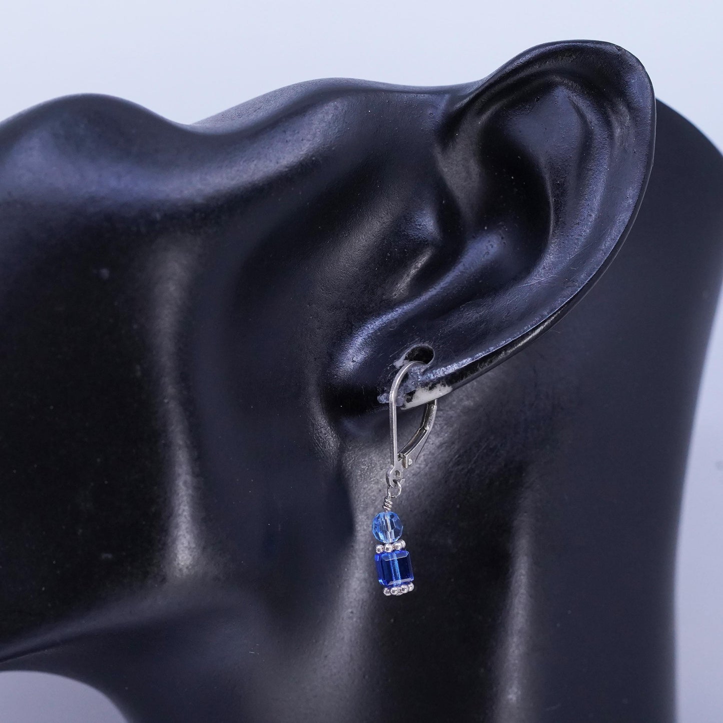 Vintage Sterling 925 silver earrings with blue crystal cube