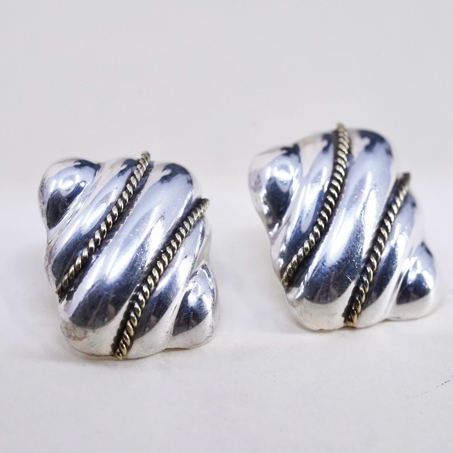 Vintage two tone Sterling silver earrings, Mexican 925 silver huge dome studs