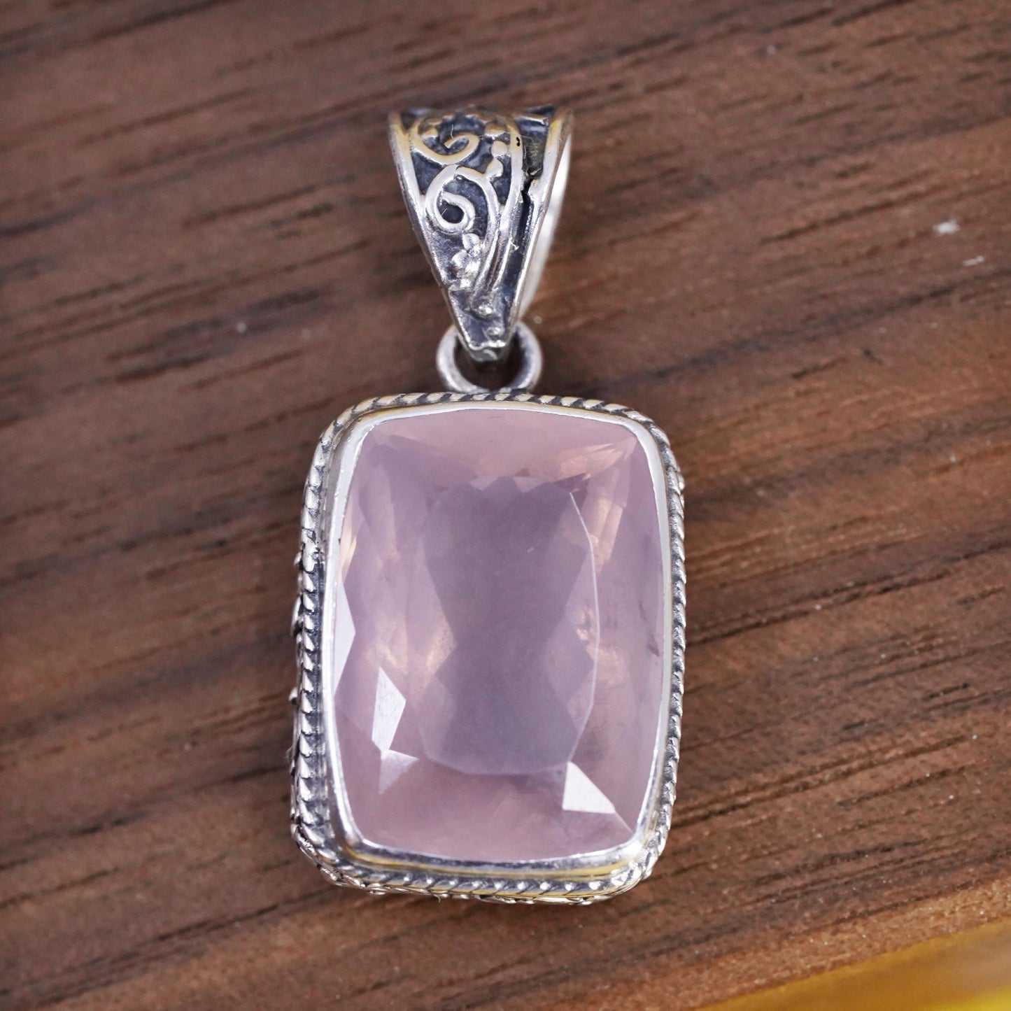 Vintage Sterling silver handmade pendant, textured 925 emerald cut pink quartz