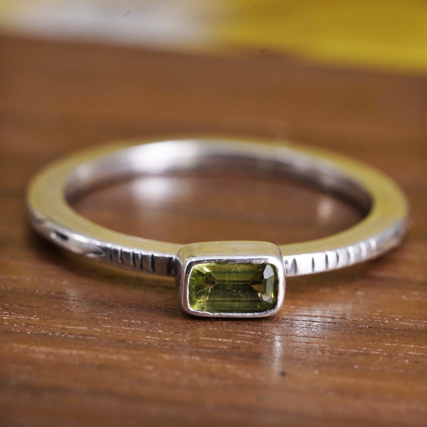 size 8.25, VTG Sterling 925 silver handmade ring, stackable band with peridot