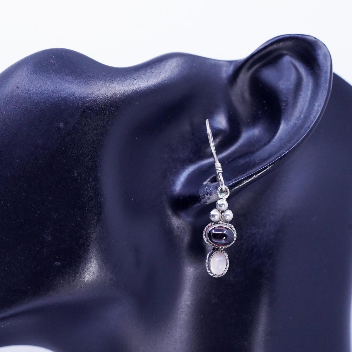 Vintage Sterling 925 silver handmade earrings with white tiger eye garnet beads
