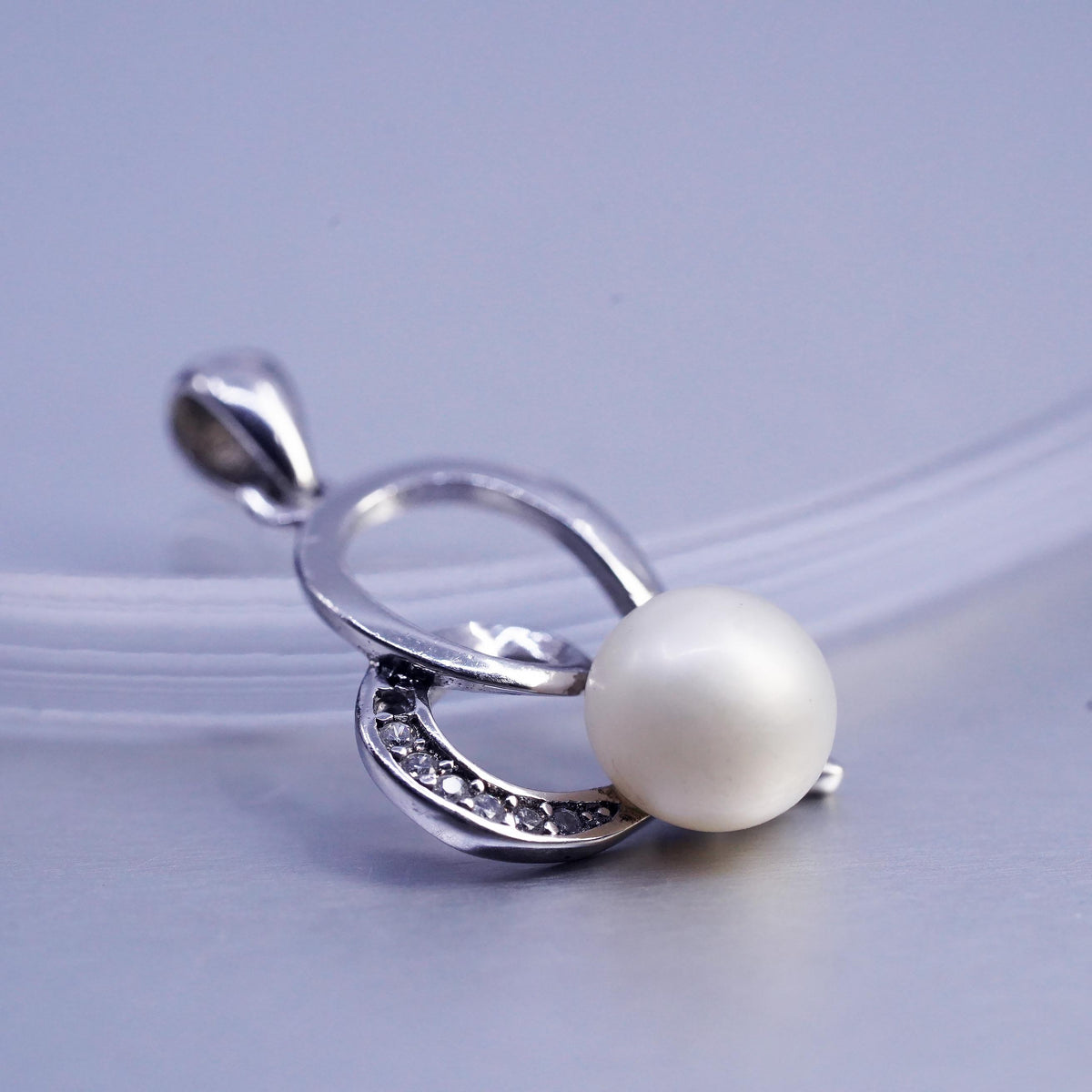Vintage sterling 925 silver handmade pendant with freshwater pearl and cz