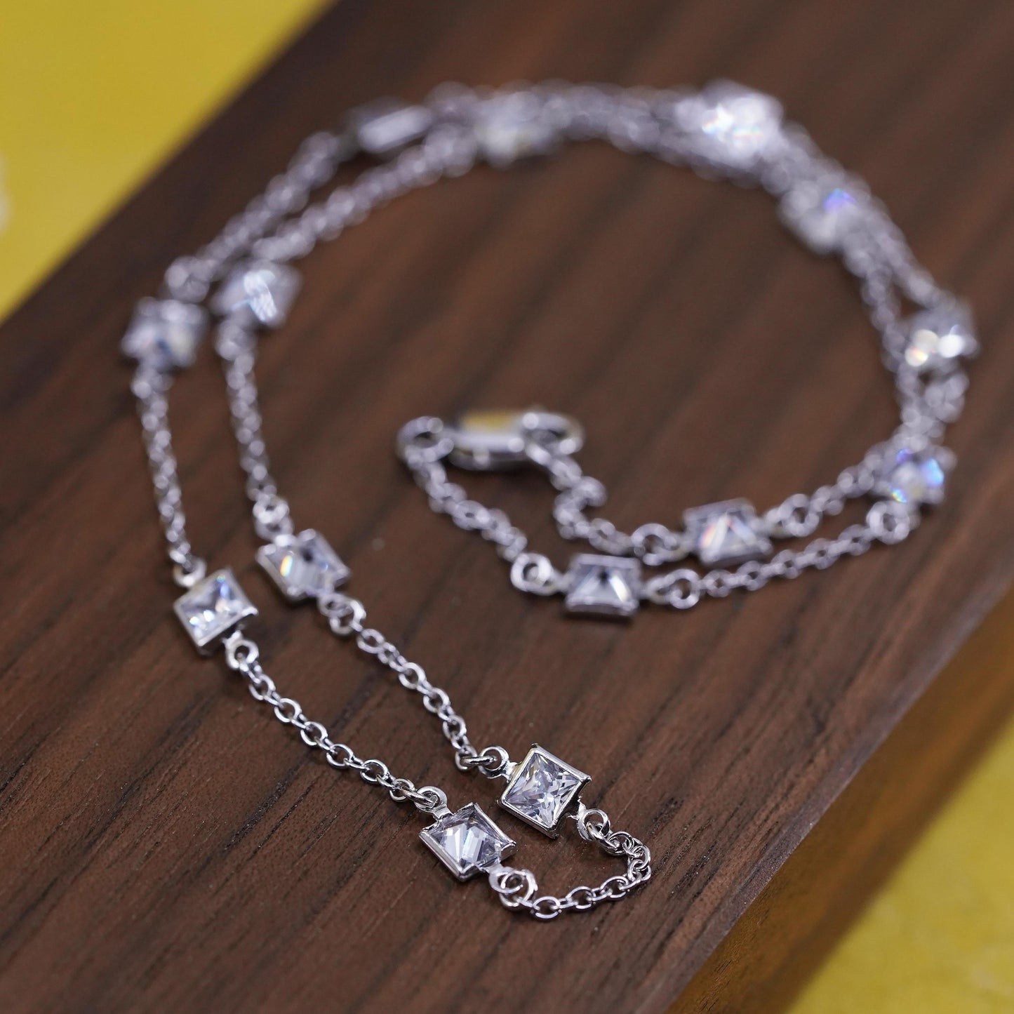 16”, vintage Sterling silver necklace, 925 circle chain with square Cz