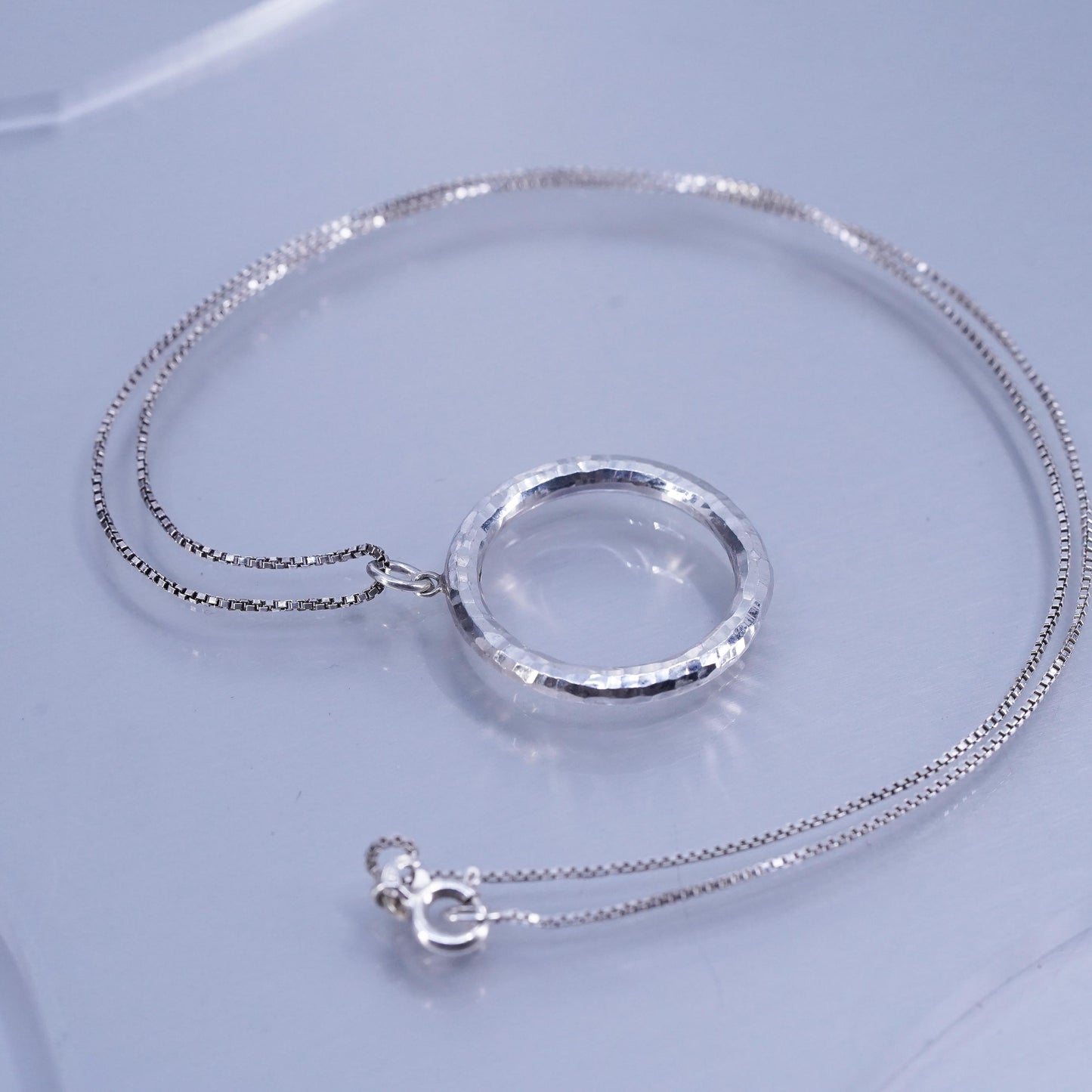 18”, vintage Sterling 925 silver box chain necklace w/ hammered circle pendant