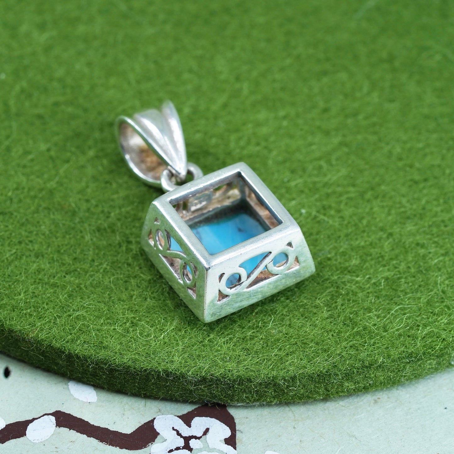 Native American Sterling silver handmade pendant, 925 square charm turquoise