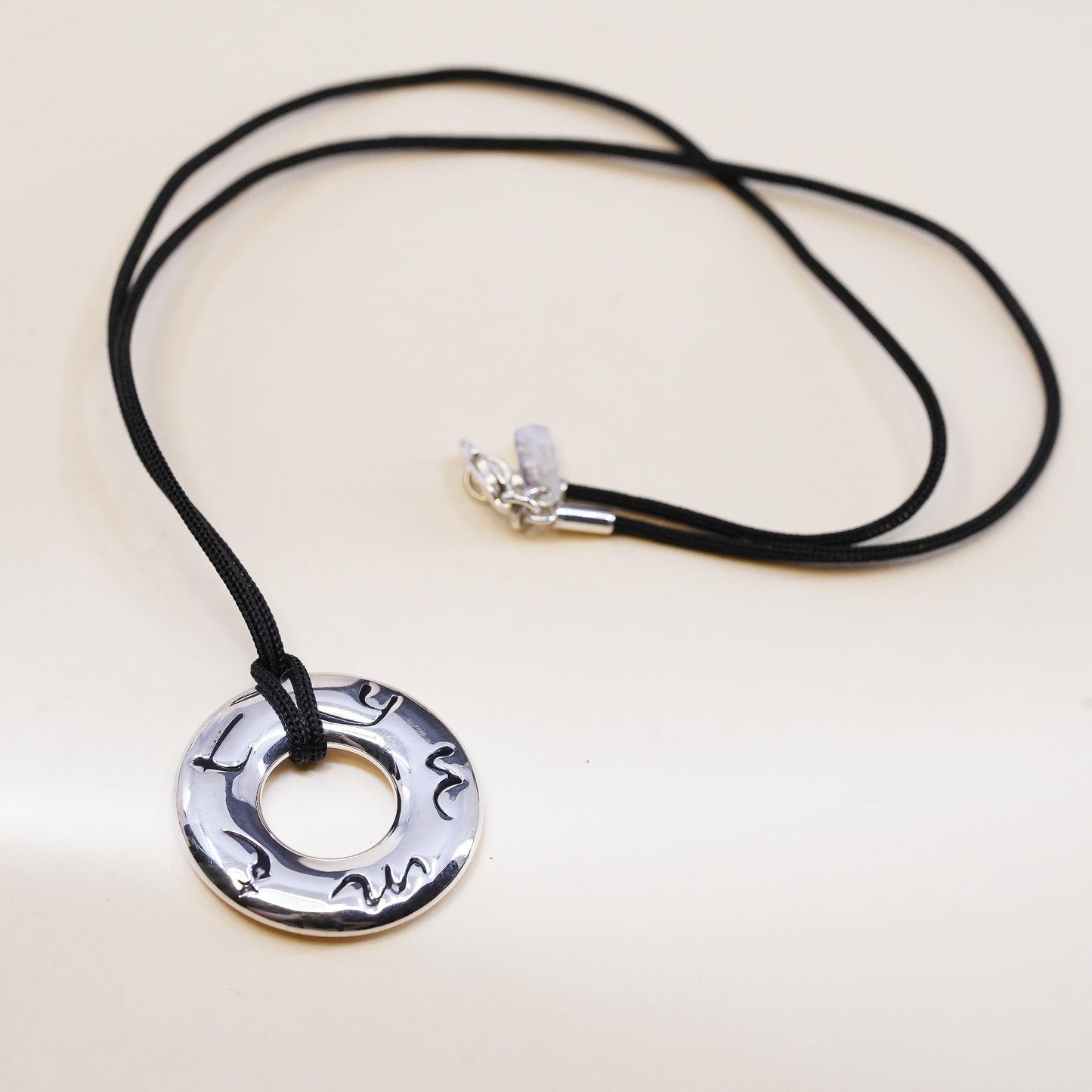 16”, BJ Sterling Silver 925 Donut Pendant Necklace, Circle Pendant Linen Cord