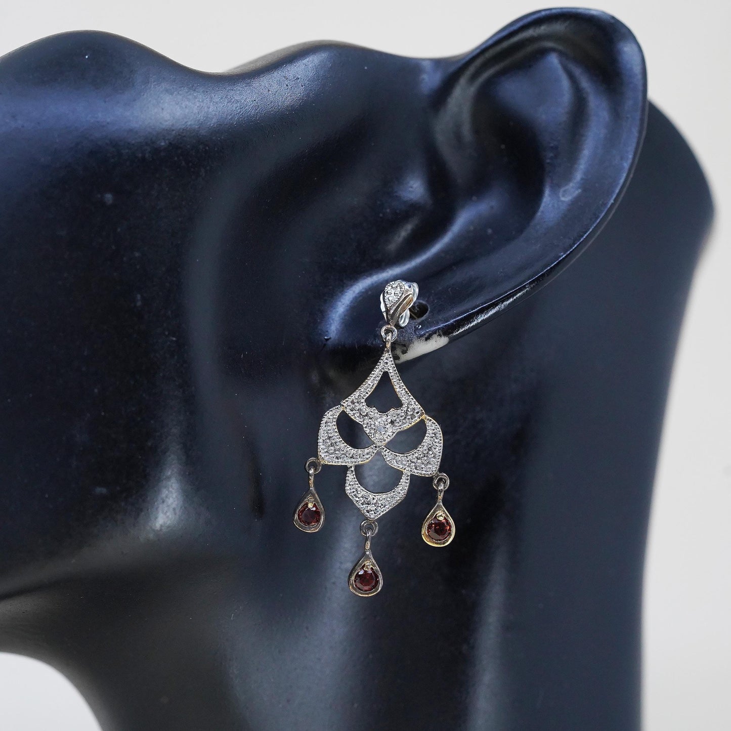 Vintage vermeil yellow gold over sterling 925 silver earrings ruby and diamonds
