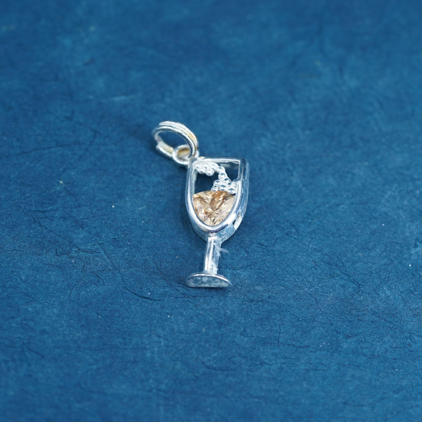 Sterling silver handmade pendant, 925 champagne glass charm with orange crystal