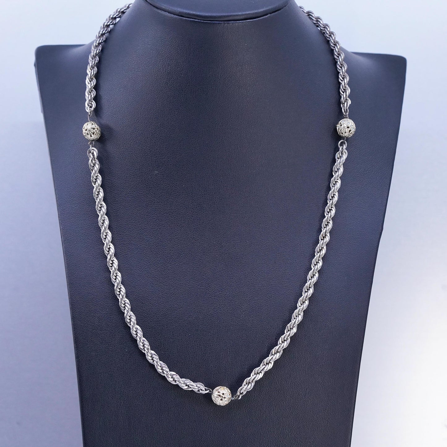 20" Italian Sterling 925 silver French rope necklace 14K gold filigree beads