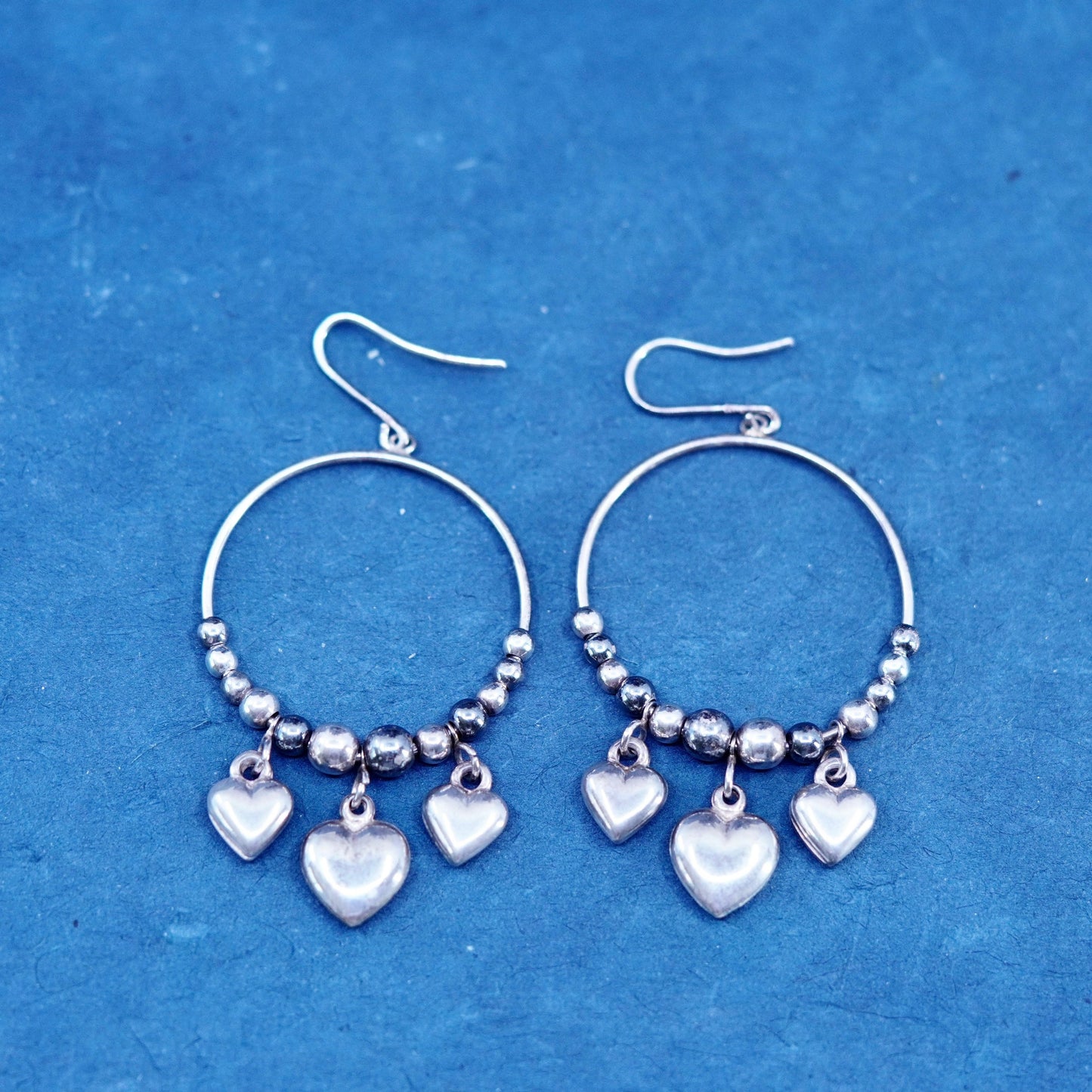 Vintage Italian Sterling silver handmade circle earrings, 925 heart charms