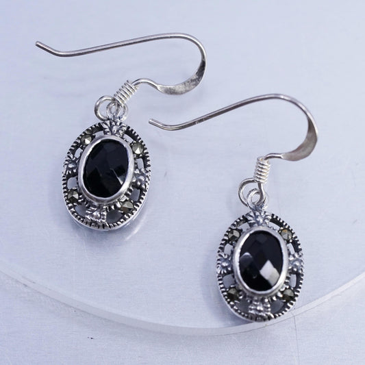 Vintage Sterling 925 silver handmade earrings with black onyx and marcasite