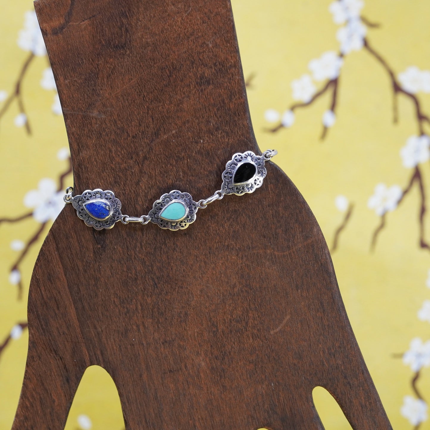 6”, Carolyn Pollack Sterling 925 silver teardrop bracelet lapis onyx carnelian