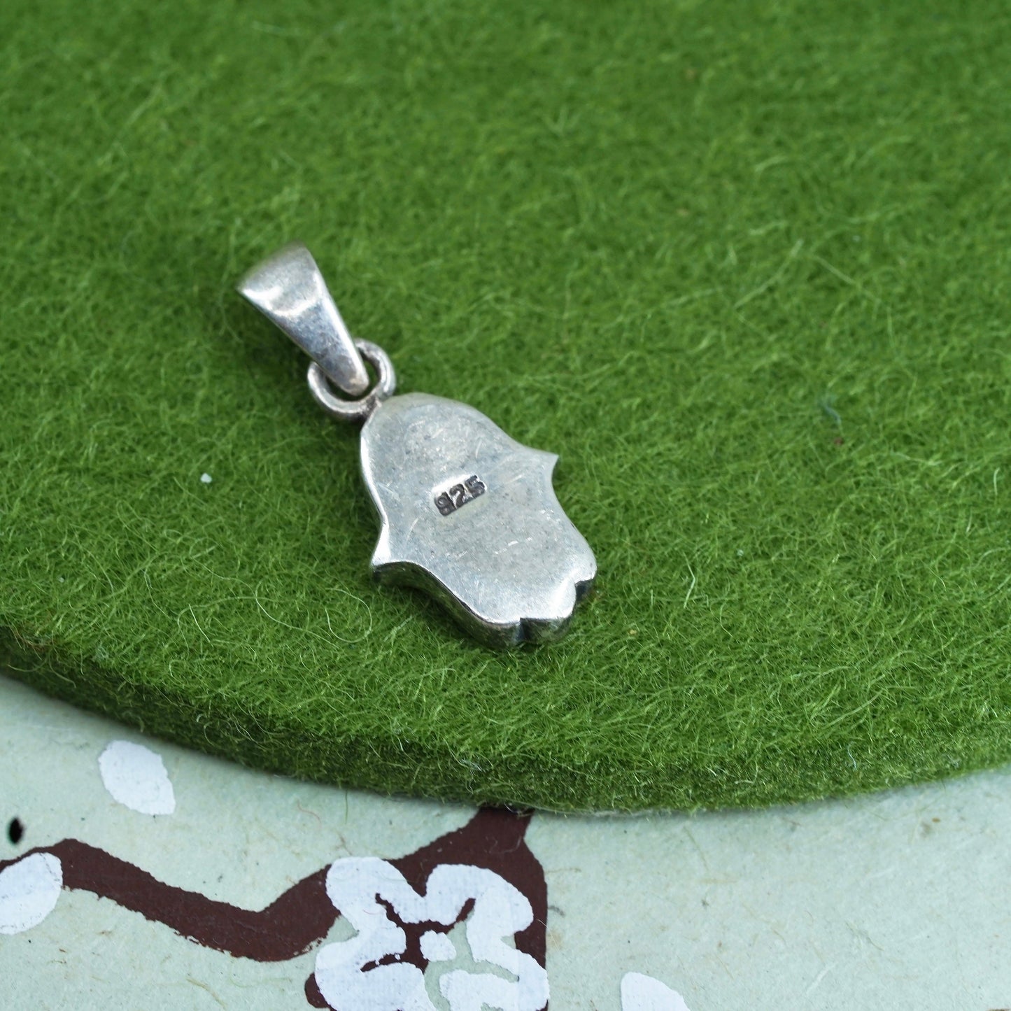 Vintage Sterling silver handmade pendant, 925 silver Hamsa hand with opal inlay