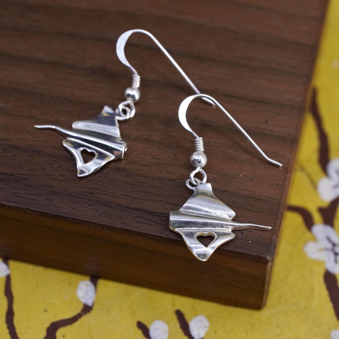 Vintage sterling silver handmade earrings, 925 stingray fish dangles