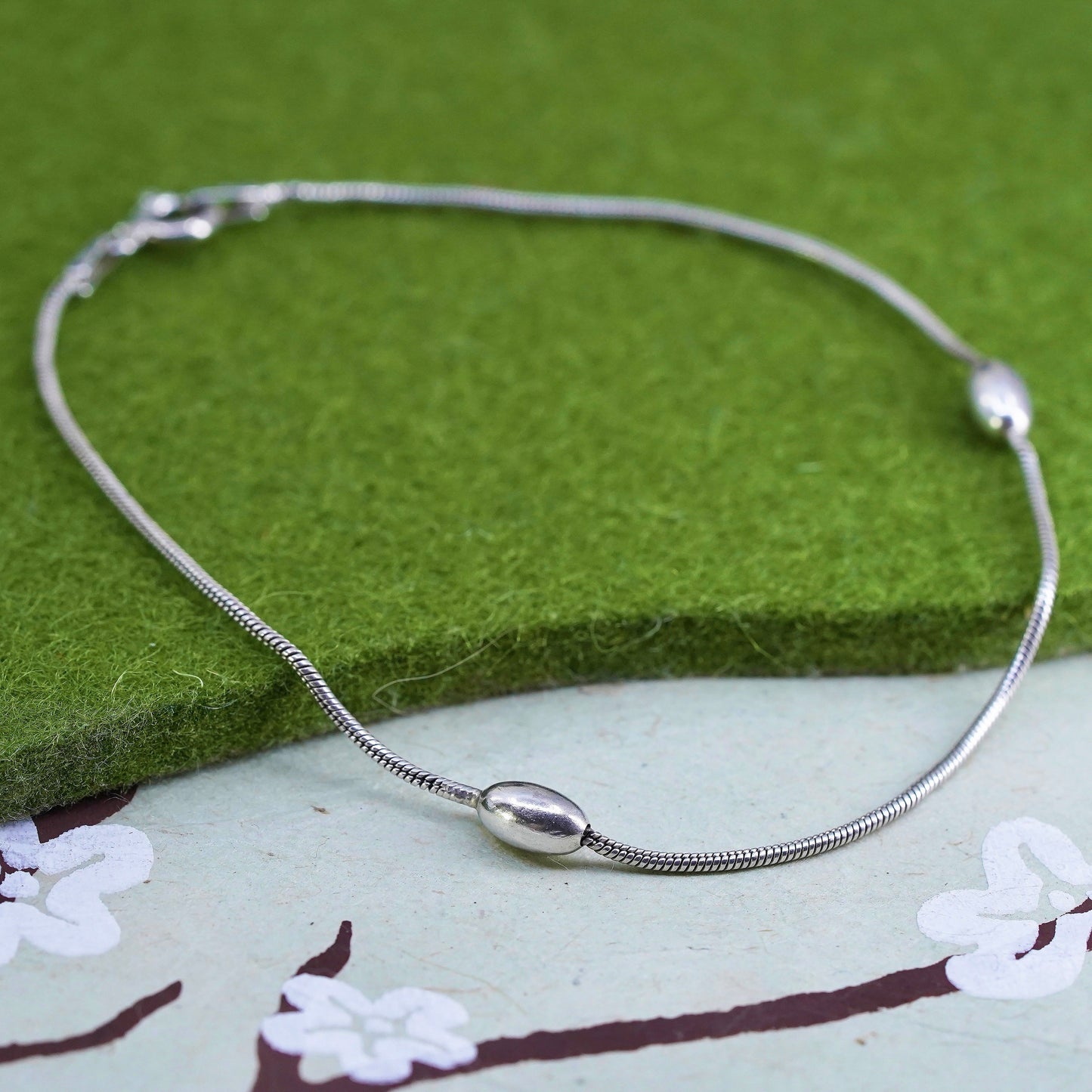 7.75”, 1mm, Vintage sterling silver bracelet, 925 snake chain anklet with beads
