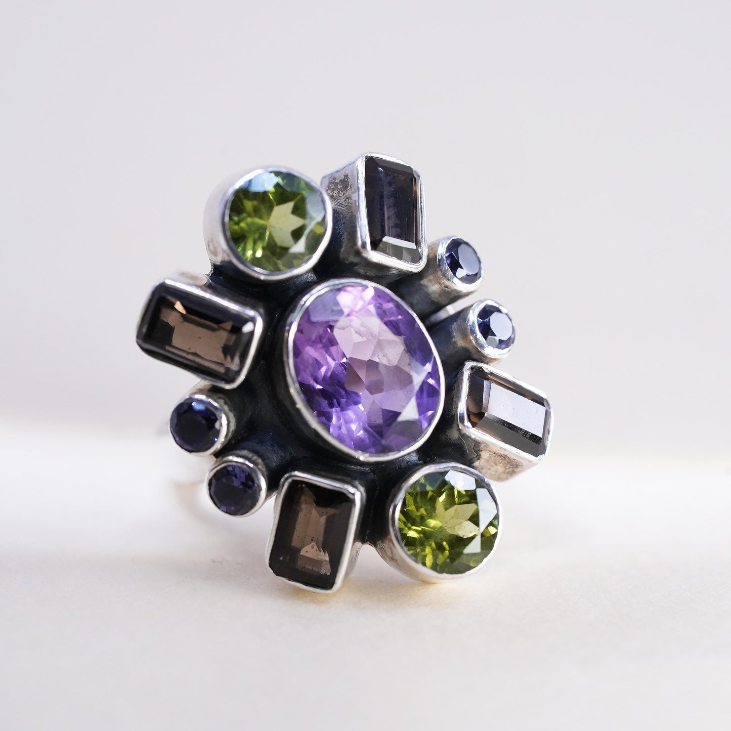 Size 7, Vintage Nicky Butler NB 925 Sterling Silver Multi Gemstone Ring Peridot