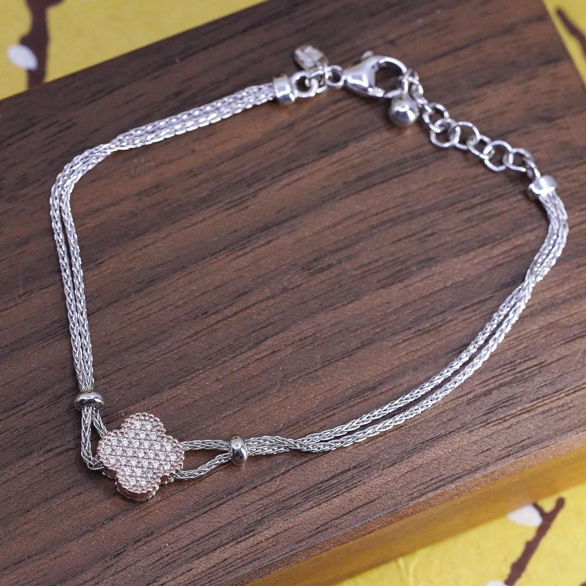 7.25”, Dyadema Italian sterling silver 925 wheat bracelet CZ lucky clever charm