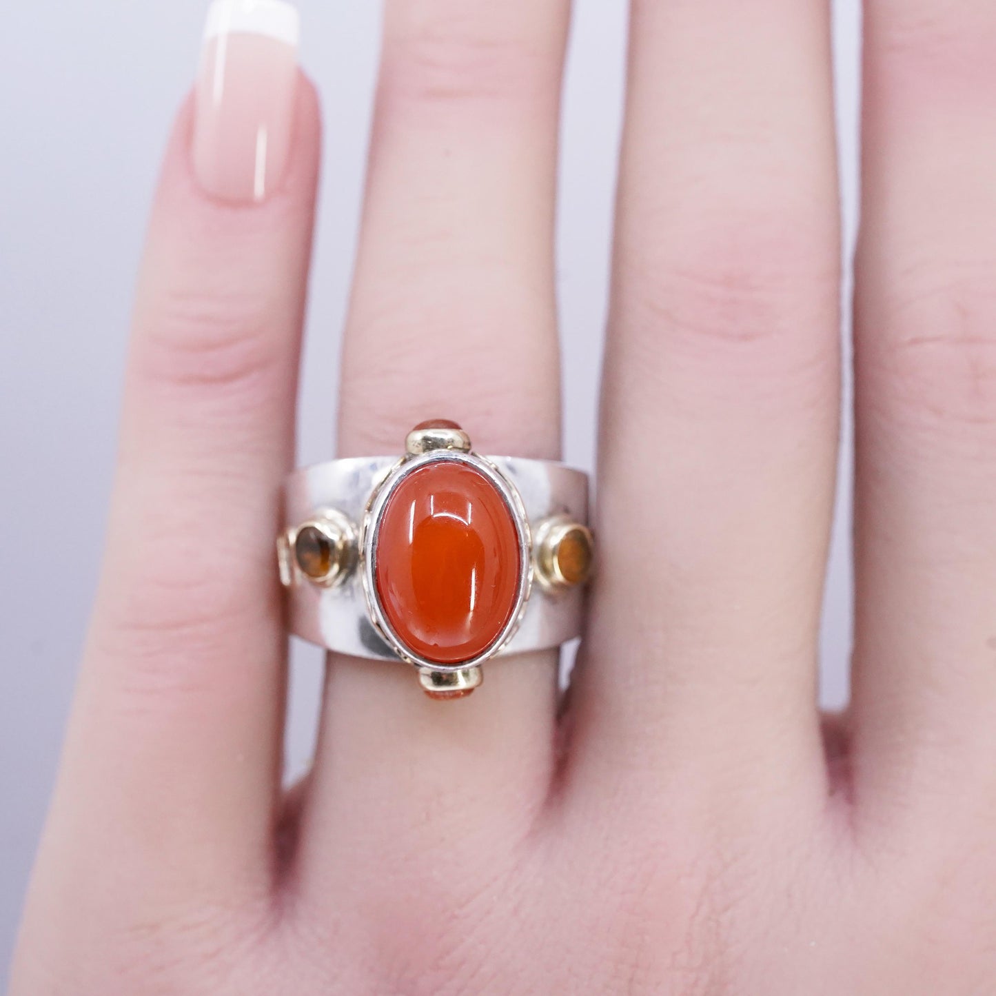 size 9, FUSION Sara Blaine Sterling 925 Silver 18K gold beaded Ring, Carnelian