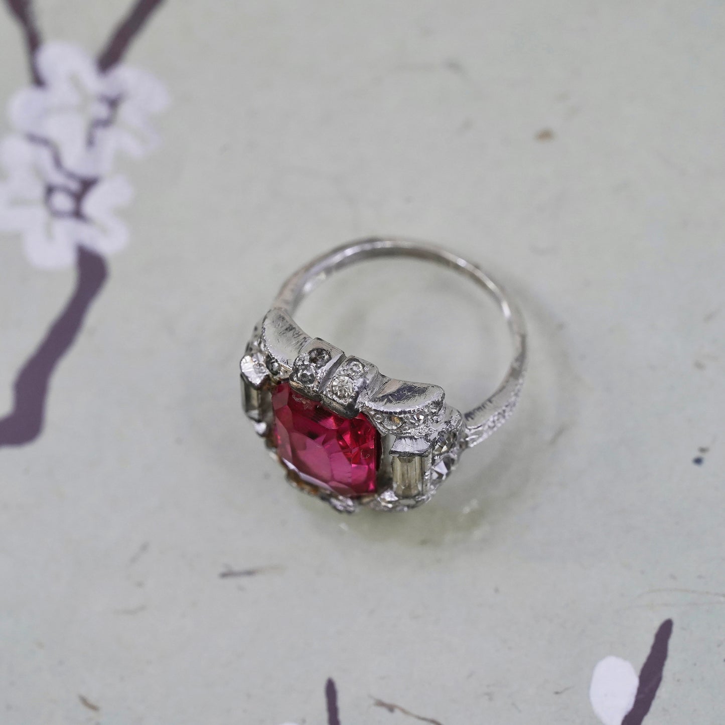 Size 5, 925 Sterling silver ring with pink Rhinestone, engagement ring