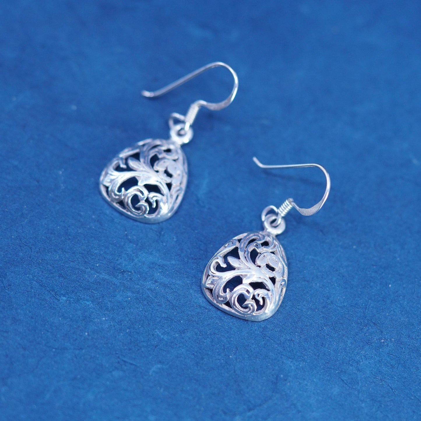 Vintage sterling silver handmade earrings, 925 filigree flower drop