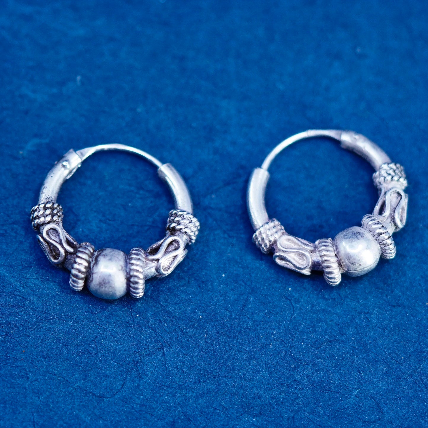 0.75”, vintage Sterling silver handmade earrings, textured 925 hoops, huggie