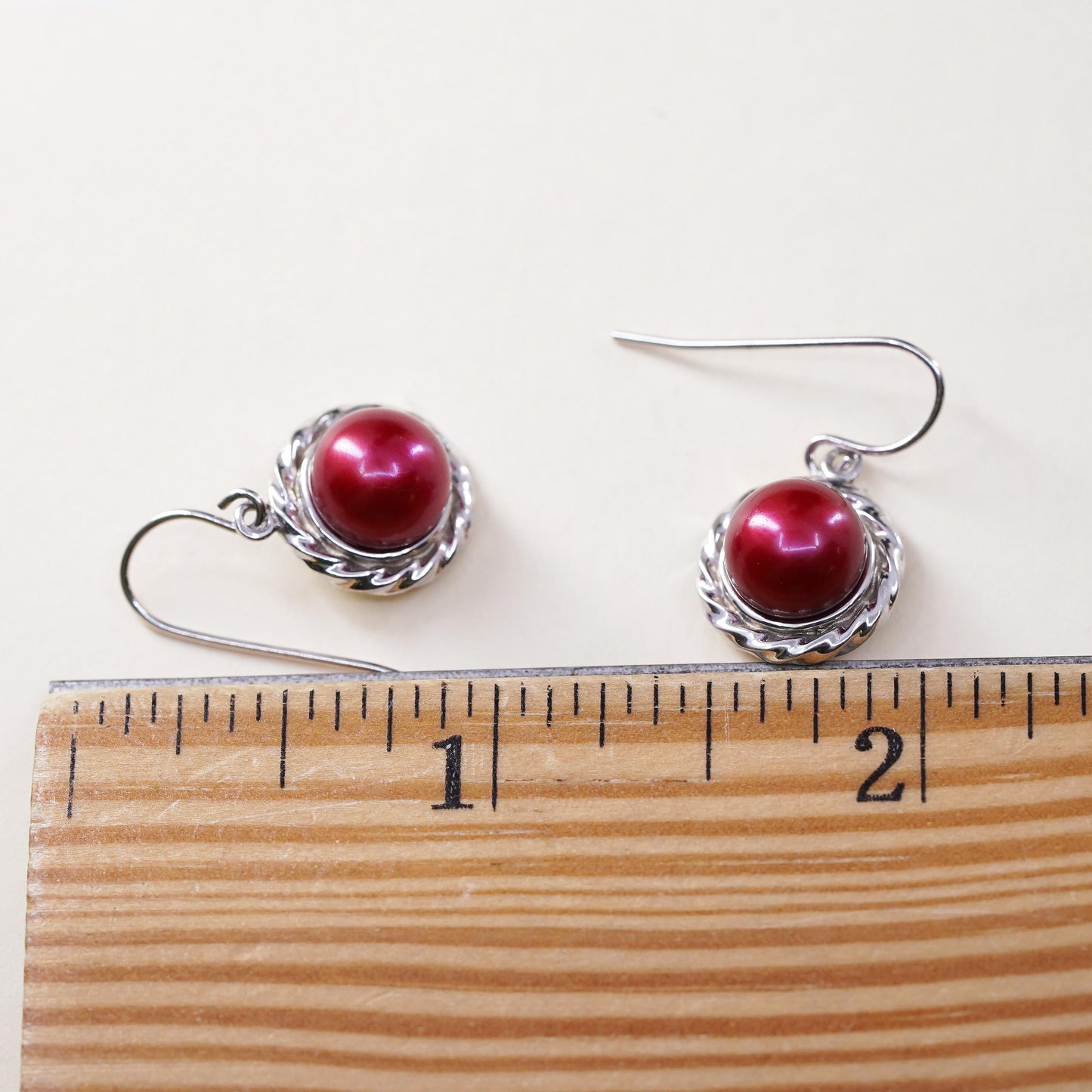 Vintage Sterling silver handmade earrings, 925 hooks with red pearl drops