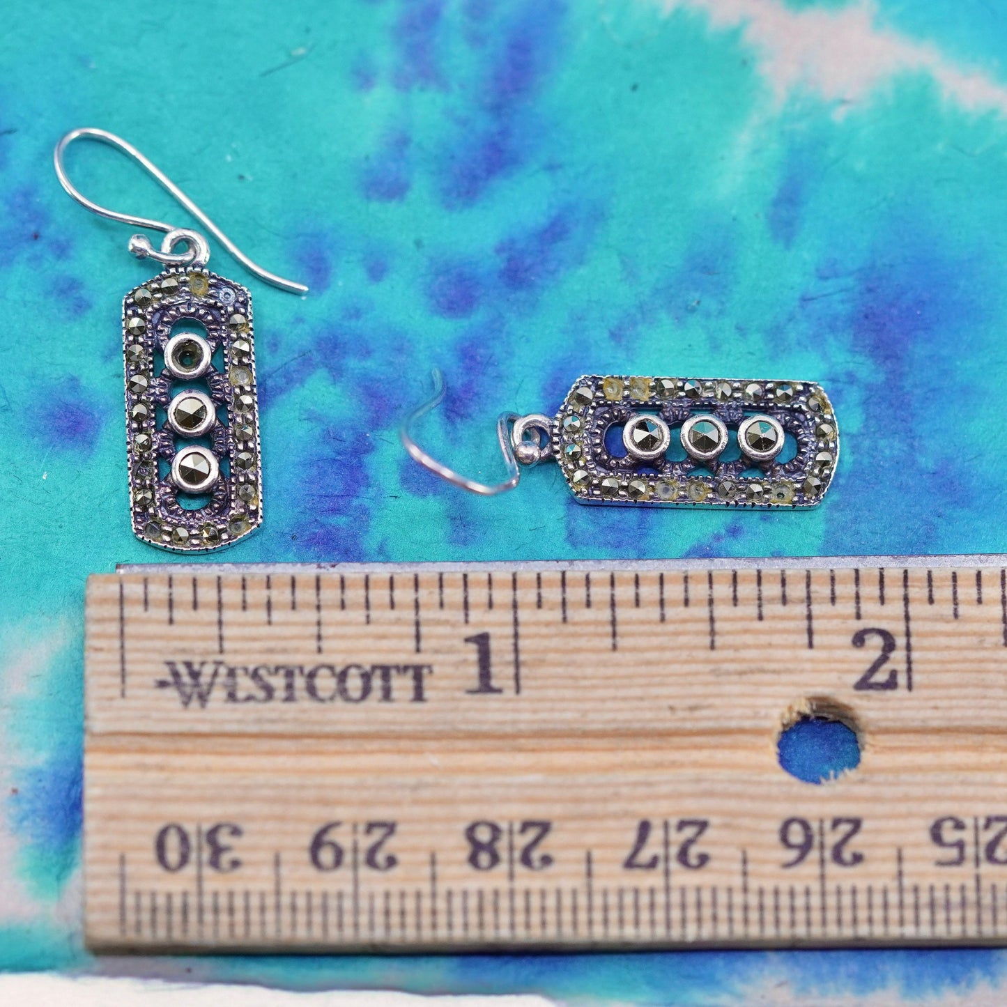 sterling silver handmade earrings, 925 rectangular dangles w/ marcasite inlay