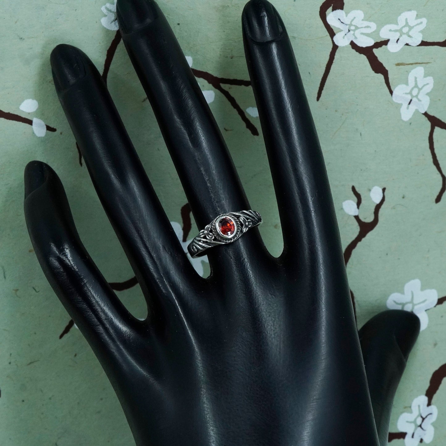 Size 7, Vintage sterling silver handmade ring, 925 stackable band with ruby