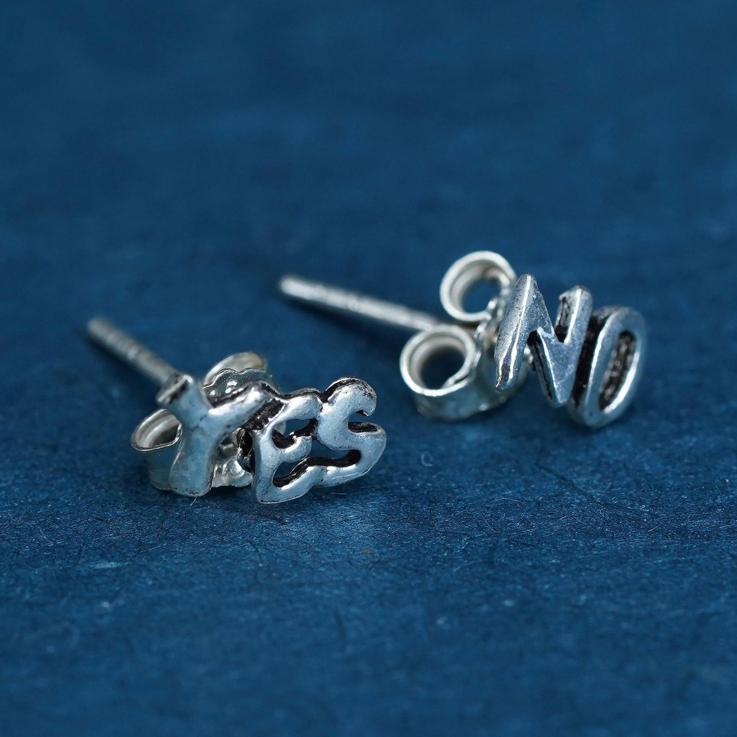 vintage sterling silver handmade earrings, 925 “yes no” studs