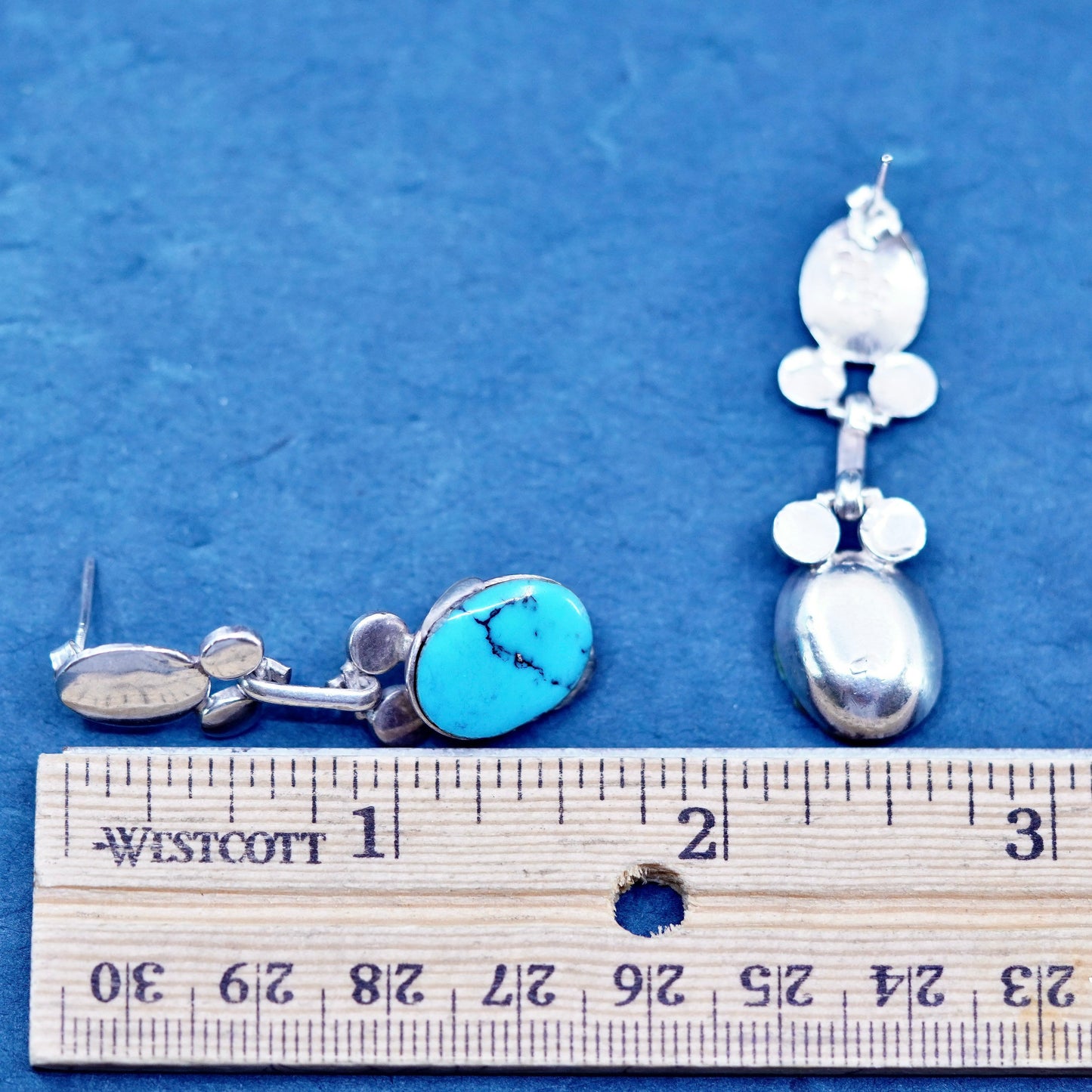 Vintage Mexican Sterling 925 silver handmade earrings with oval turquoise