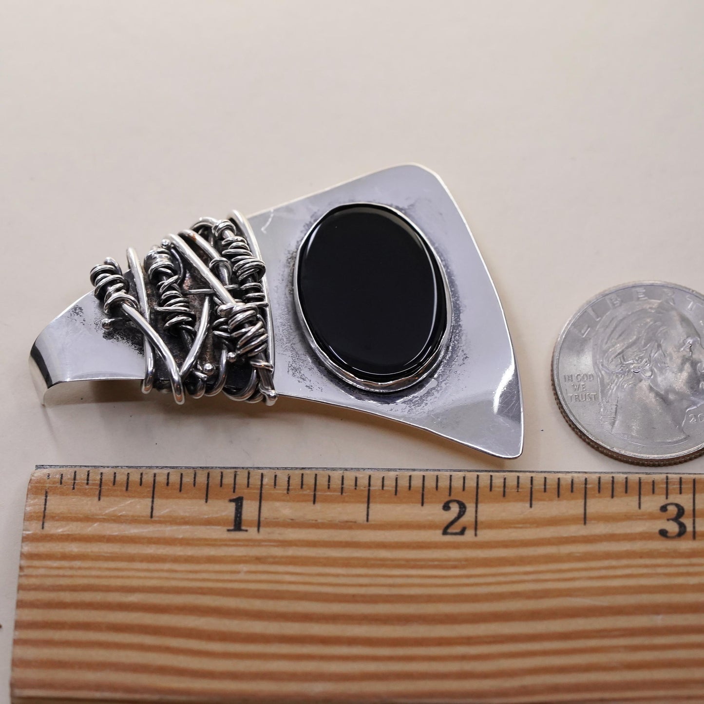 Brutalist Sterling Silver Onyx Brooch, Wire Wrapped Pin, Mid Century Jewelry