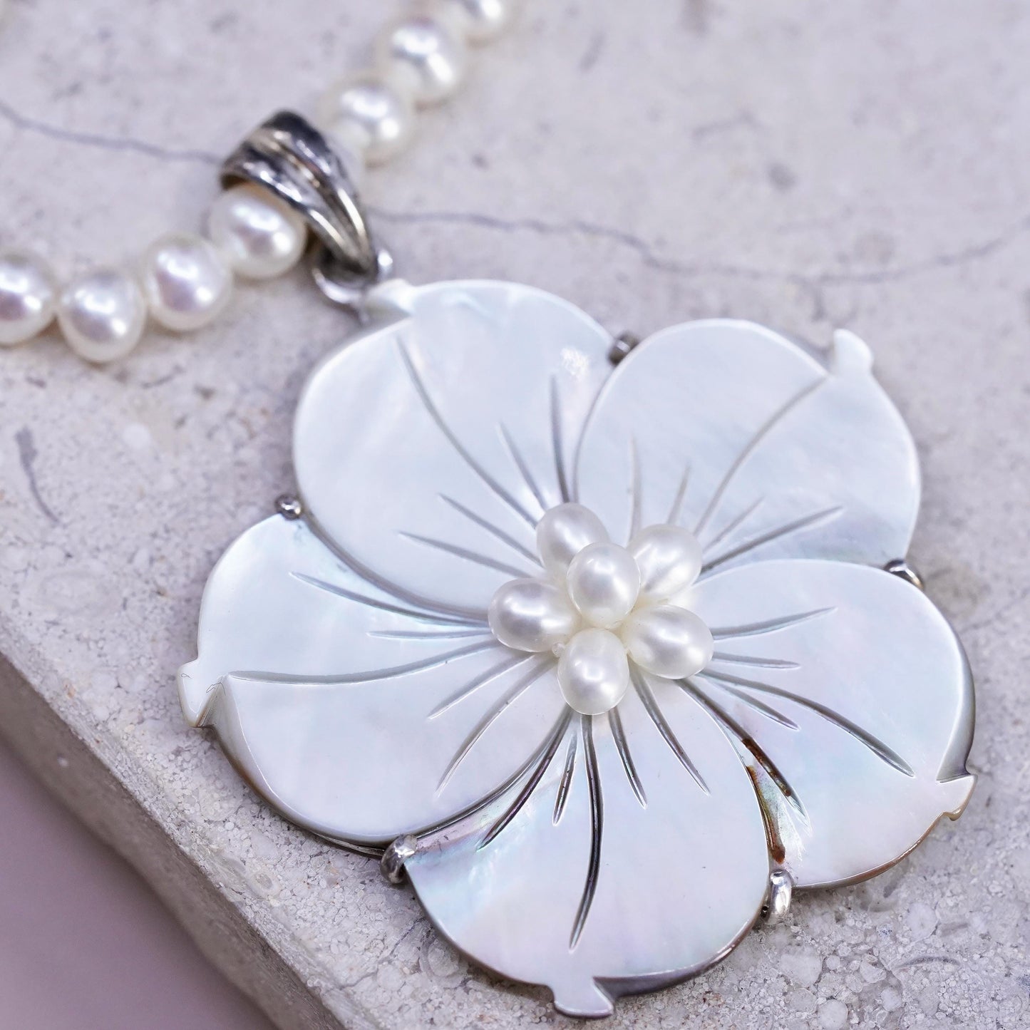 17+2", LUC sterling 925 Silver necklace pearl mother of pearl flower pendant