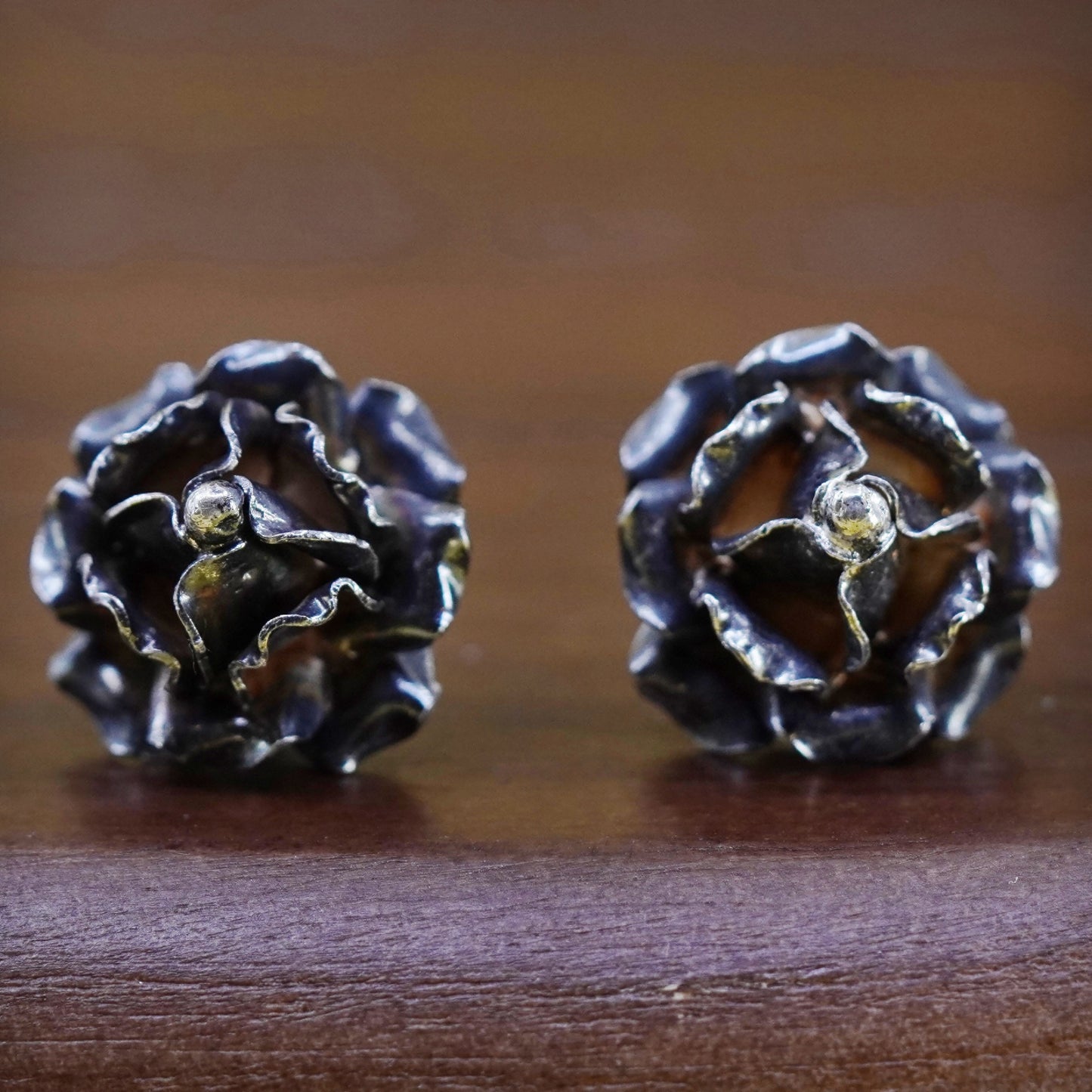 Vintage mexico Sterling silver handmade earrings, 925 rose flower studs