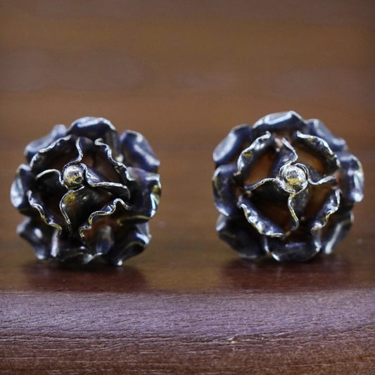 Vintage mexico Sterling silver handmade earrings, 925 rose flower studs