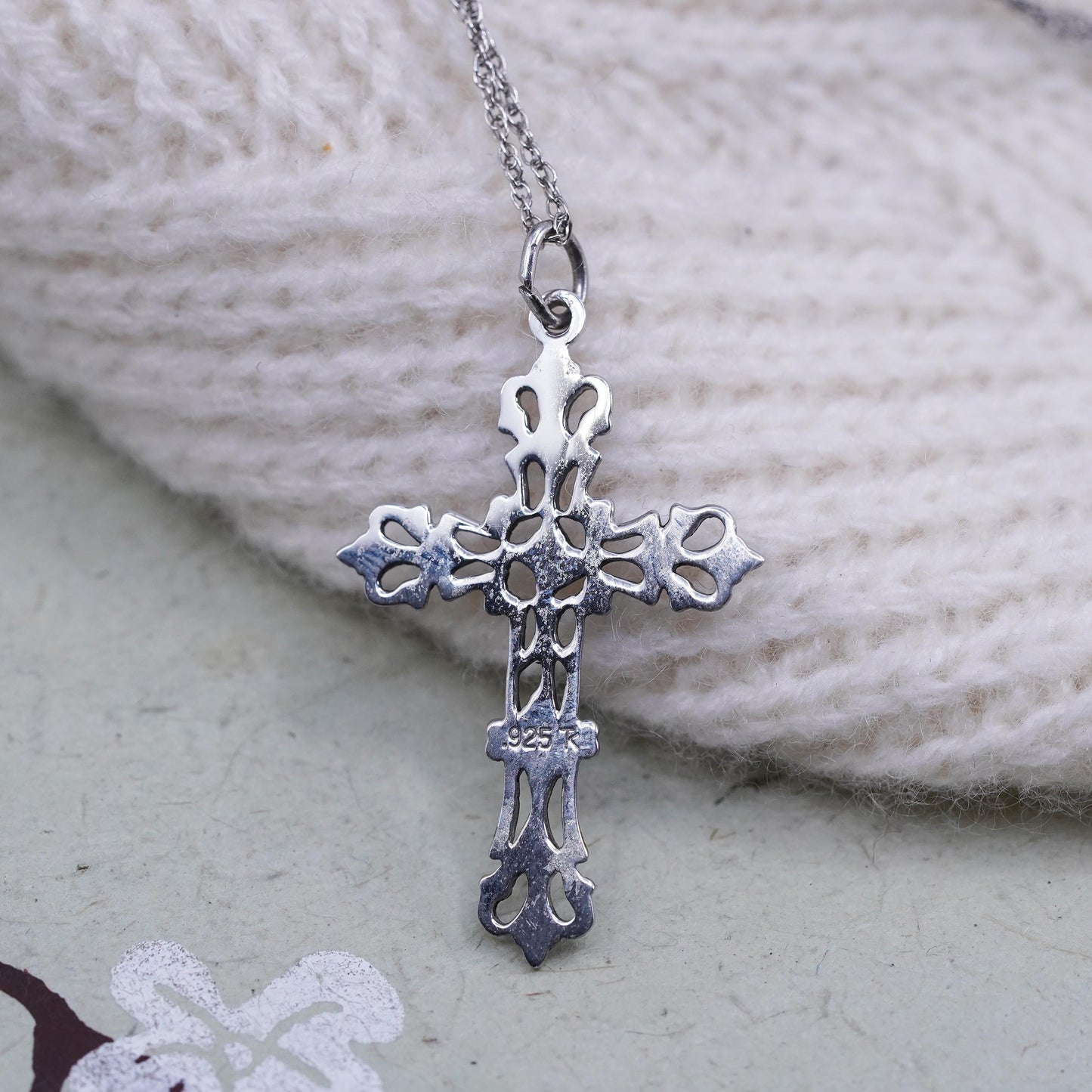 18” sterling silver circle link chain with filigree cross pendant, necklace