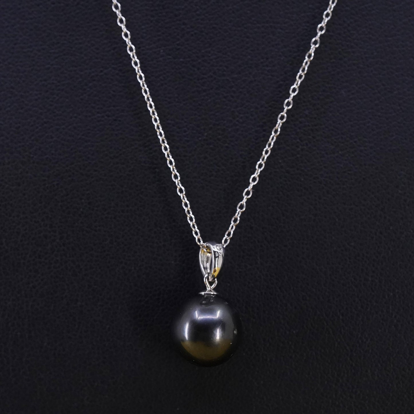 18", VTG sterling silver handmade necklace, 925 circle chain 10mm black pearl