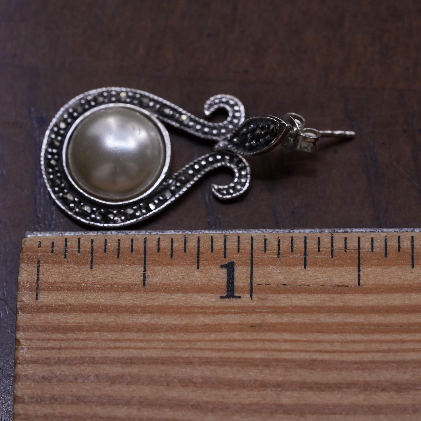 handmade single earring. Sterling 925 silver teardrop dangle pearl marcasite