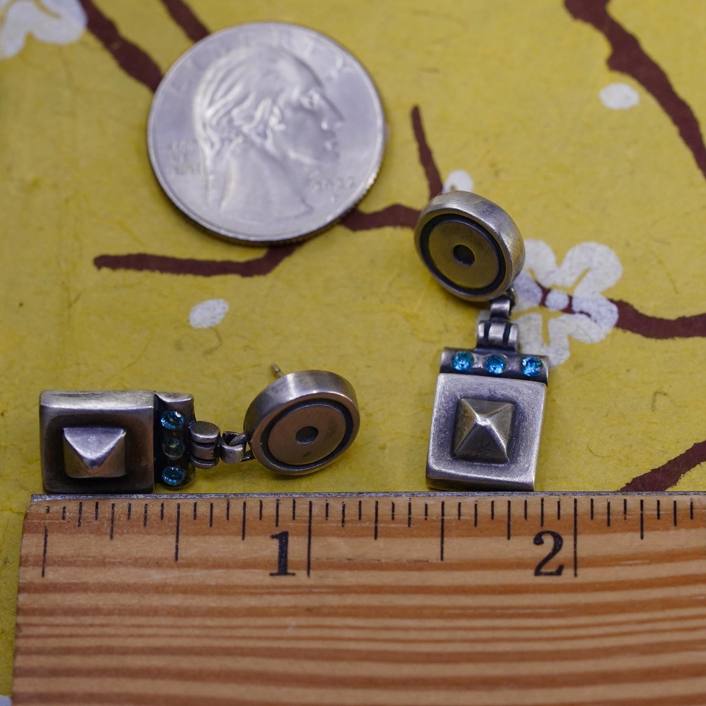 Vintage Sterling silver earrings, 925 pyramid square dangle with blue crystal