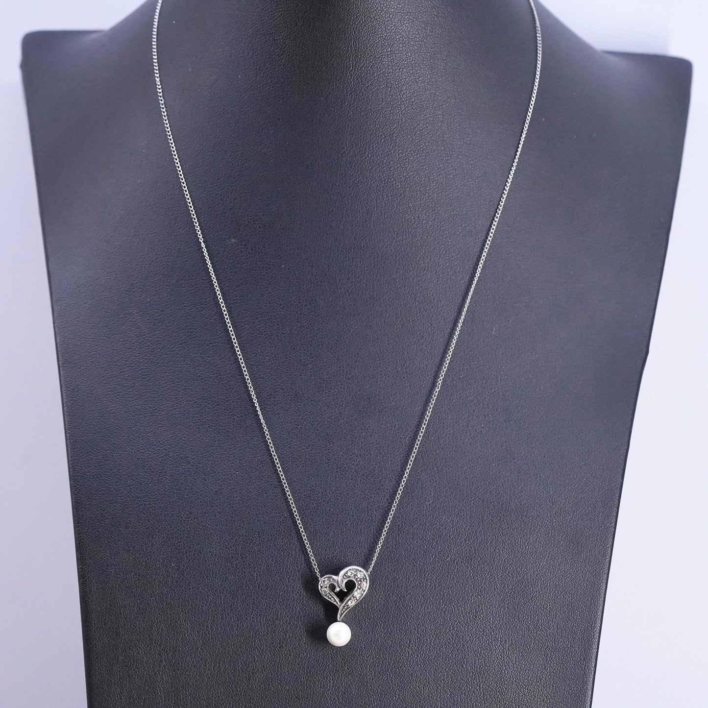 18", vintage Sterling silver necklace, 925 curb chain heart pearl cz pendant