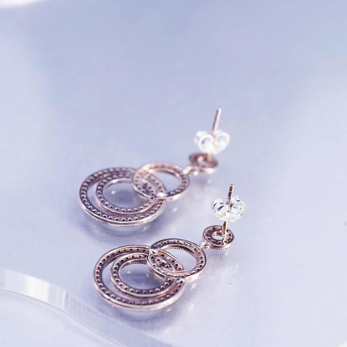 Vermeil Sterling Silver 925 Studs Earrings, Rose Gold CZ Halo, Entwined Dangles