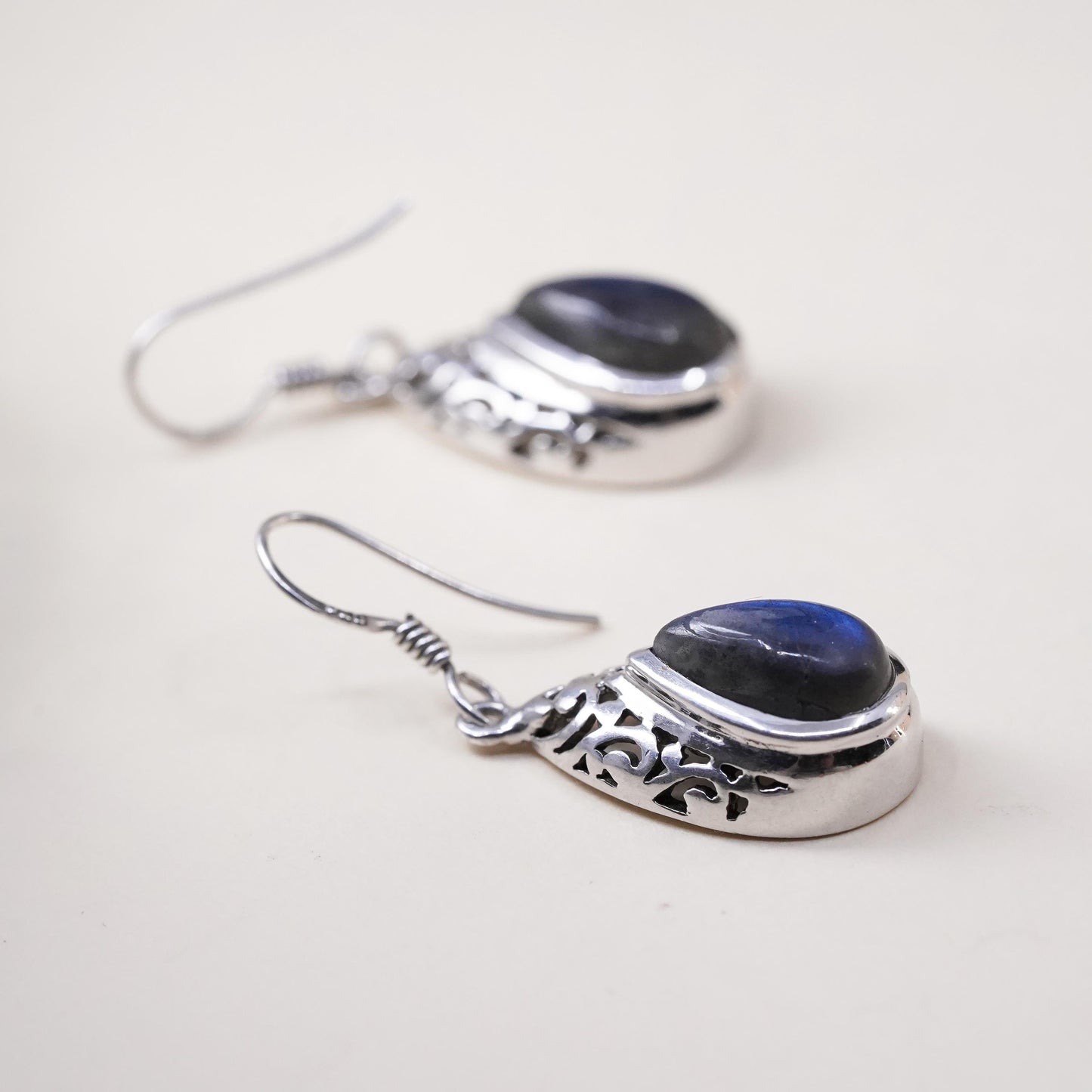 Vintage Sterling 925 silver filigree teardrop earrings with labradorite drops