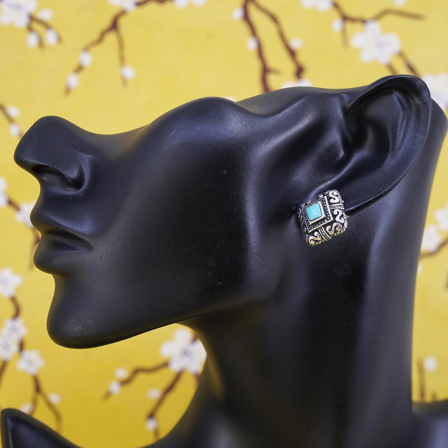 southwestern Sterling Silver square Earrings, 925 filigree studs with turquoise