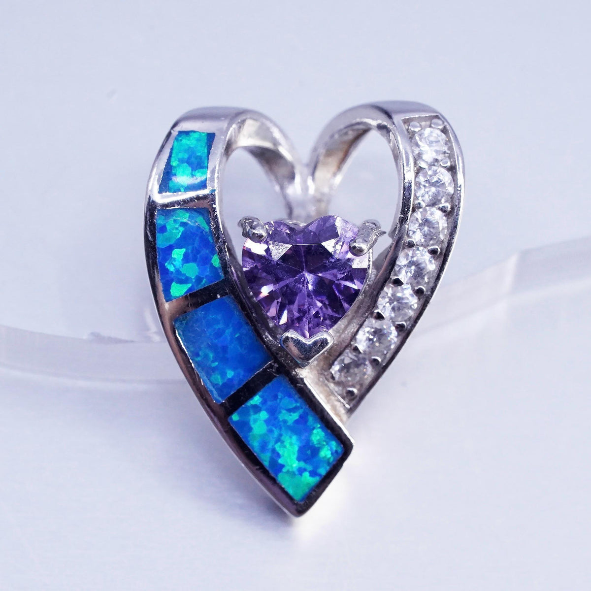 Vintage sterling 925 silver heart pendant with amethyst and opal inlay