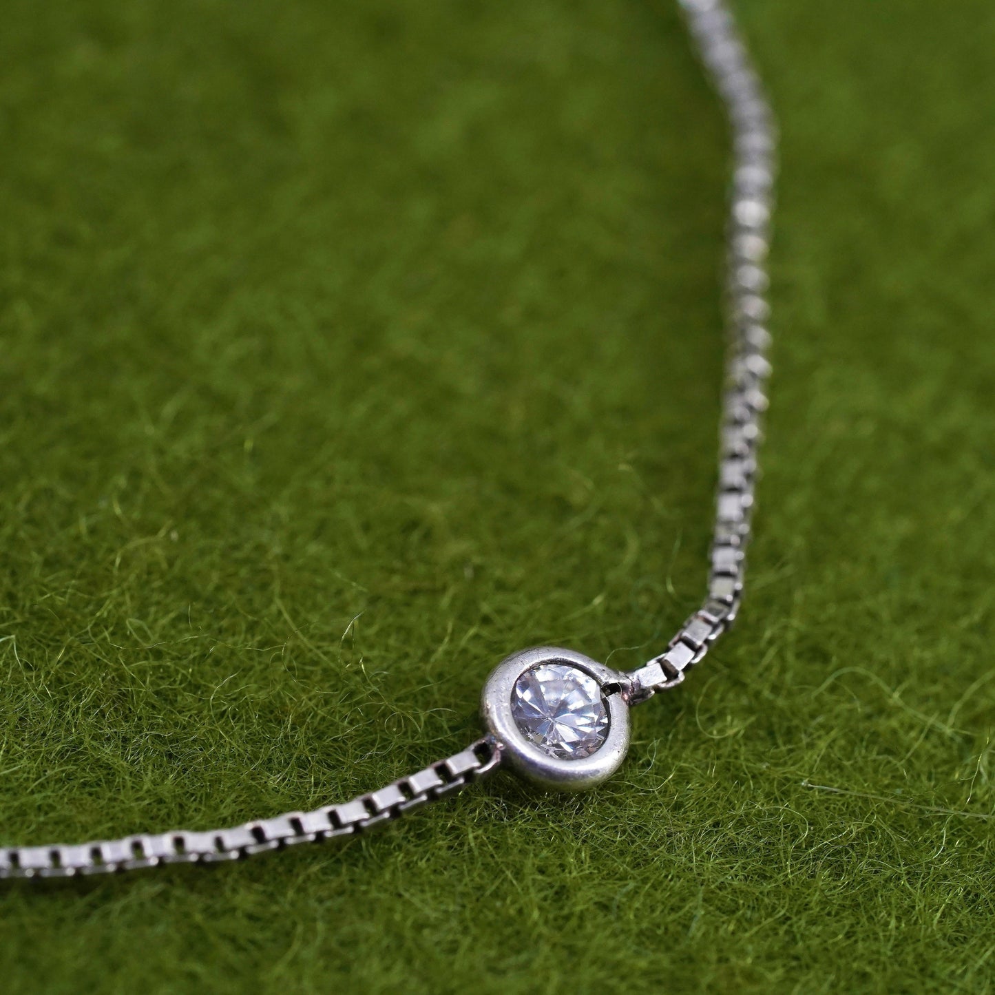 Vintage sterling silver bracelet, 925 box chain anklet with heart and cz