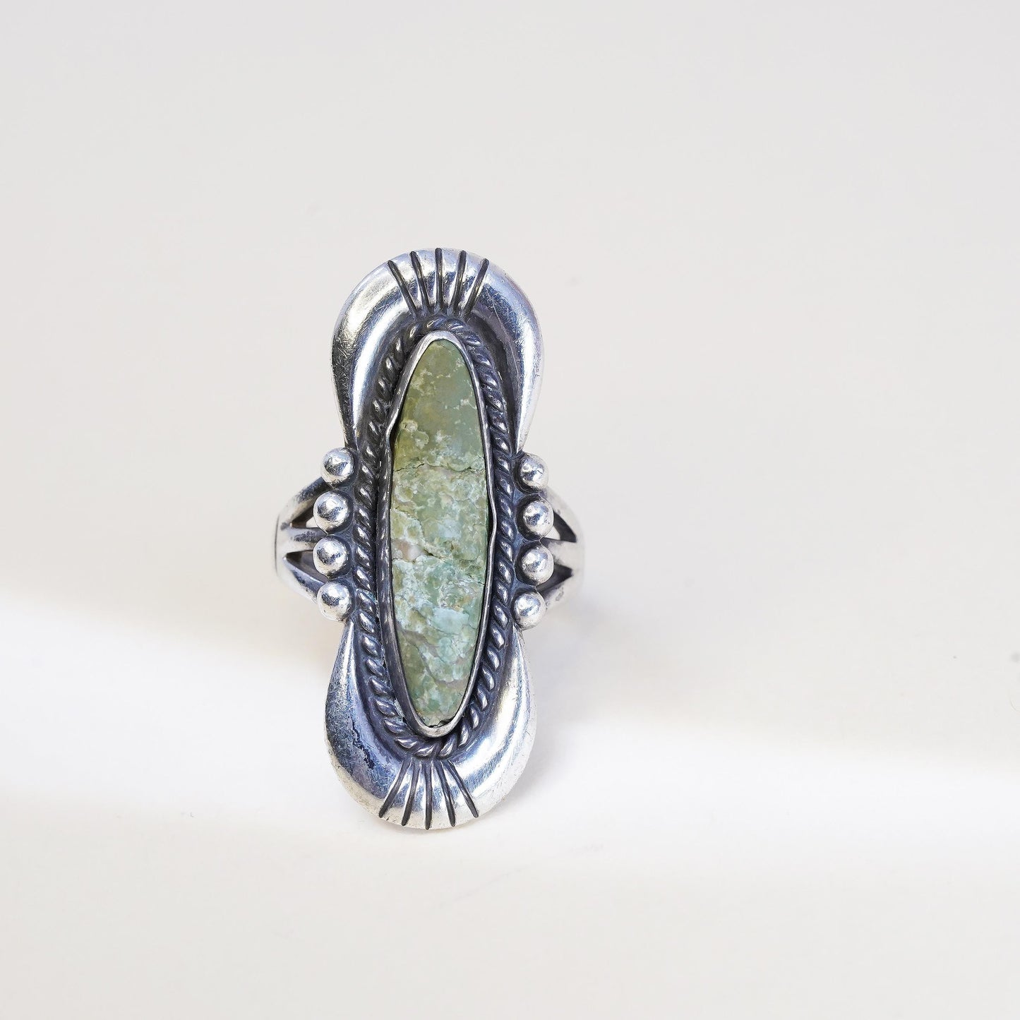 size 6.25, Native American 925 Sterling Silver Long Oval Green Turquoise Ring