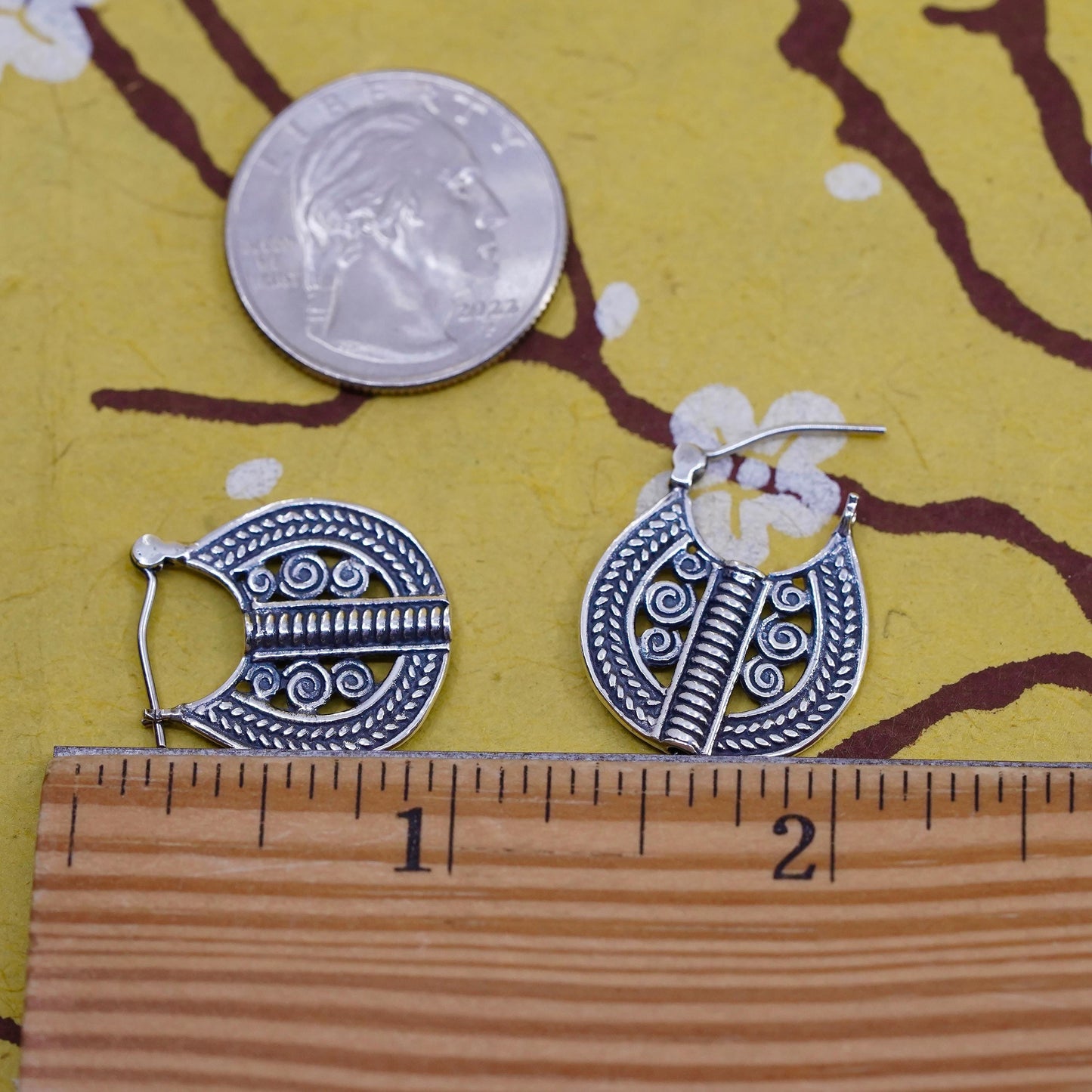 0.75", VTG Sterling silver handmade flatten hoops, textured 925 huggie earrings