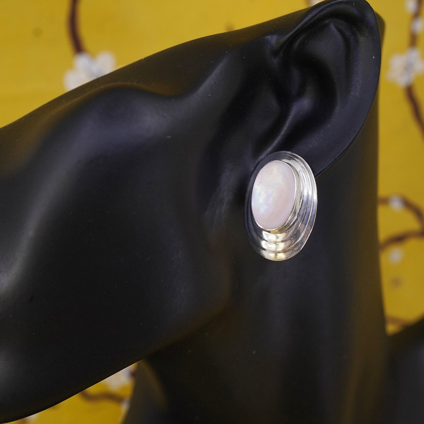 Vintage Sterling silver handmade earrings, 925 oval studs pink mother of pearl