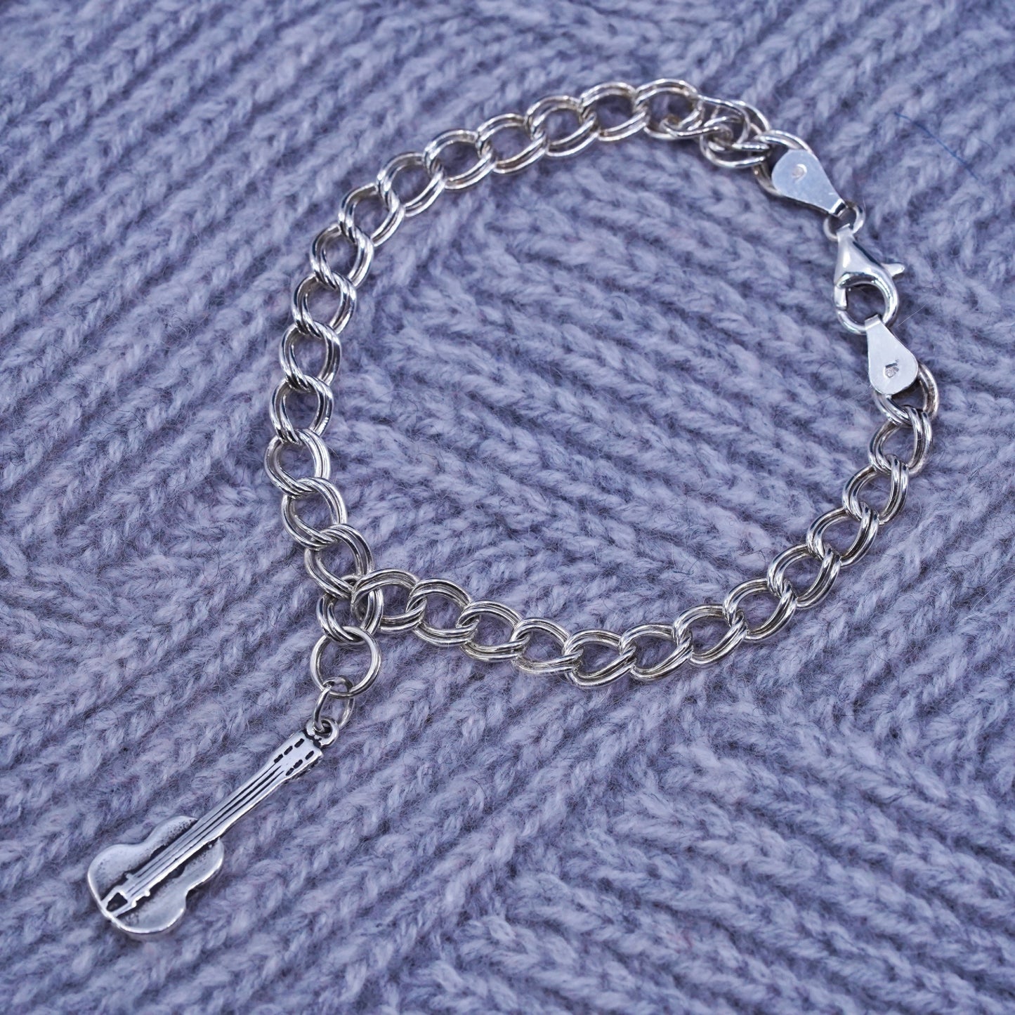 6.75", Italy Sterling silver bracelet, 925 double curb link chain guitar charm