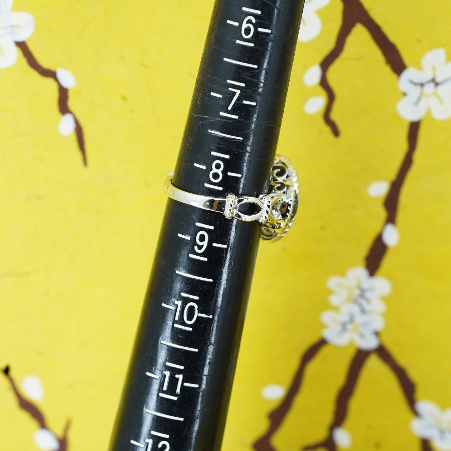 Size 8.25, vintage Sterling silver 925 ring with cluster genuine black diamond
