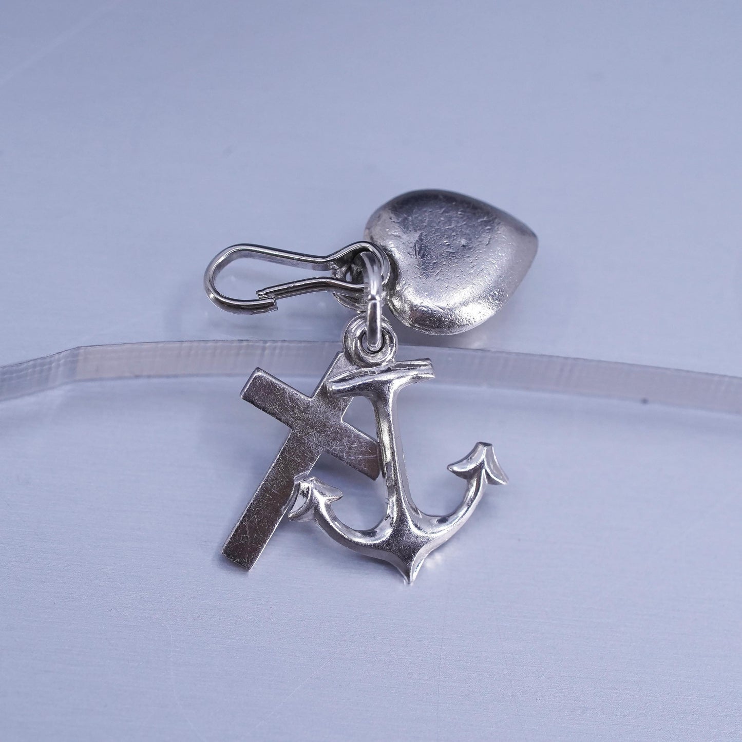 Vintage sterling 925 silver heart cross anchor charm pendant, stamped 925
